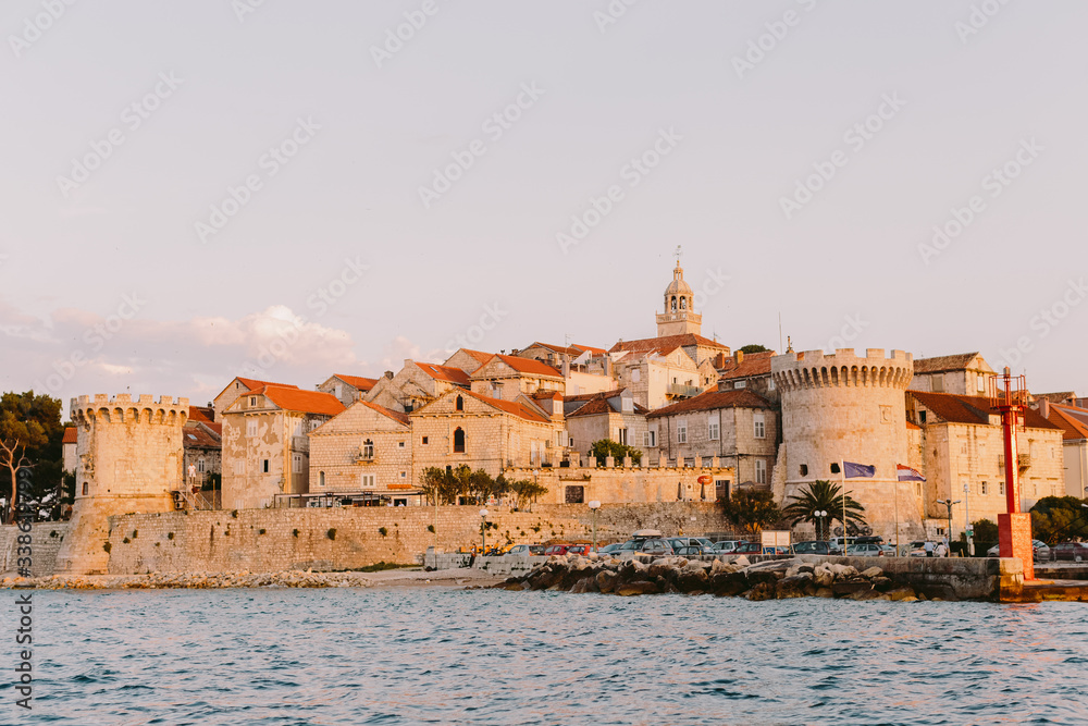 Korcula island view at sunset. Croatia old town view.