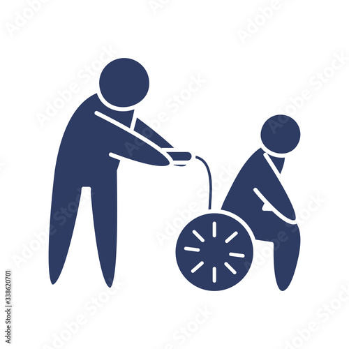 pictogram man pulling a man in a wheelchair icon, line style