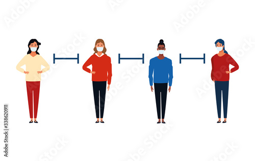 interracial women using face masks for covid19 with social distance