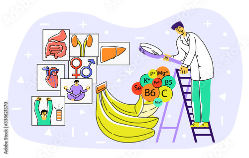 Vector flat abstract enlarged banana, which is examined with loupe by scientist. Above the fruit, vitamins, trace elements are depicted, on side of card there are cards with useful properties.