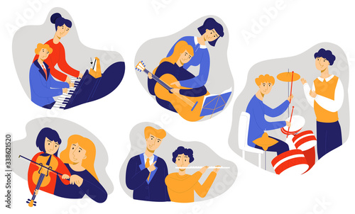 Vector flat illustration with set of music teachers and young students playing various instruments. Concept music education. Can use it as separate clipart elements for web design  advertising  etc.