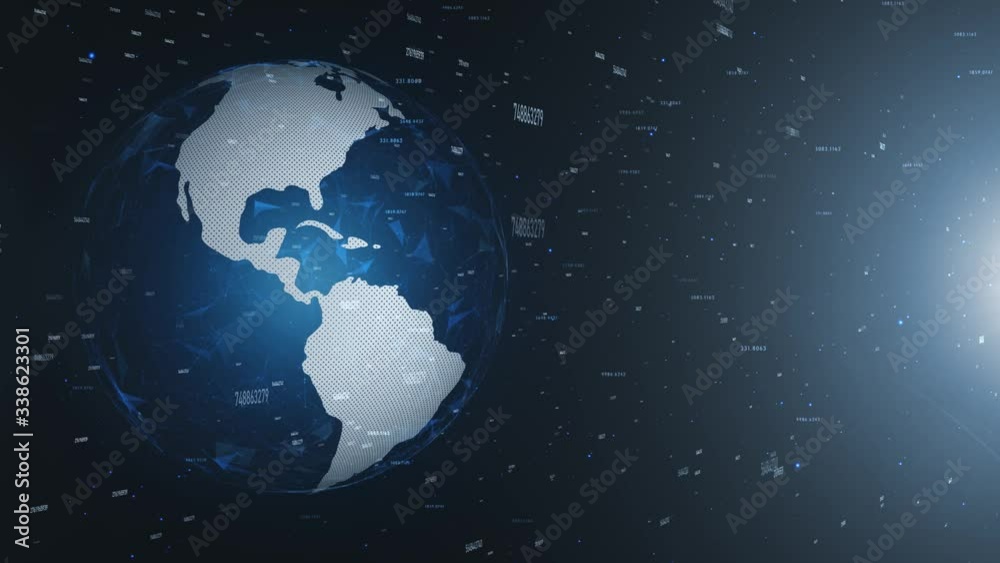 3d earth globe rotation on a digital business background with flying numbers in motion. 3d earth globe rotation on a digital business background with flying numbers in motion.