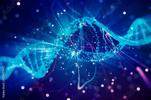 Glowing DNA symbol on abstract blue background, closeup. 3D Rendering © Pixels Hunter