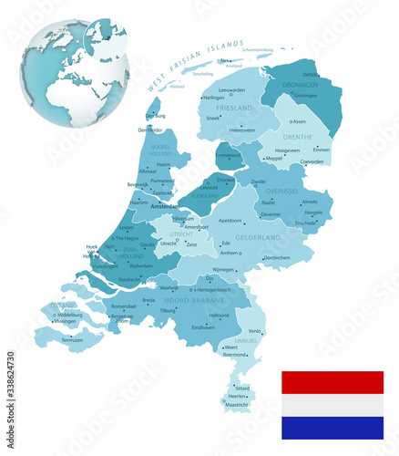 Netherlands administrative blue-green map with country flag and location on a globe.