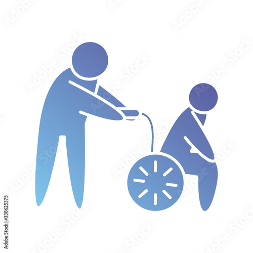 pictogram man pulling a man in a wheelchair icon, gradient style