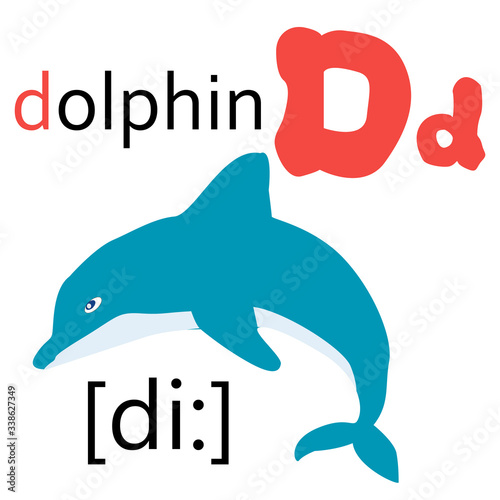 English alphabet letter d with Dolphin and transcription