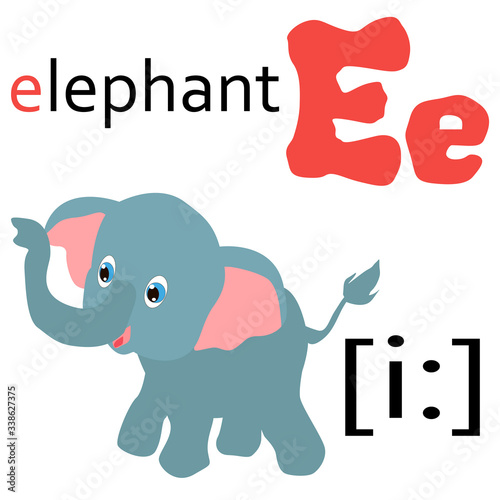 English alphabet letter with a picture of an elephant and transcription