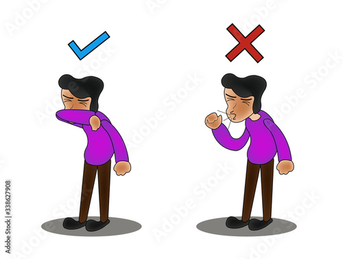 Character Sneezing and Coughing Right and Wrong. Medical Recommendation How to Sneeze Properly. Prevention against Virus and Infection. Hygiene Concept. 