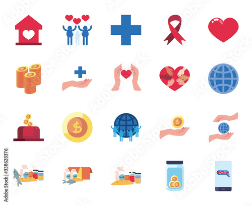 medical aids, charity and donations icon set, flat style