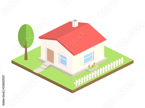 Isometric house on white background. 3d cottage with tree and fence. Real estate or home concept. Beautiful country house with red roof. Apartment for rent. Vector illustration