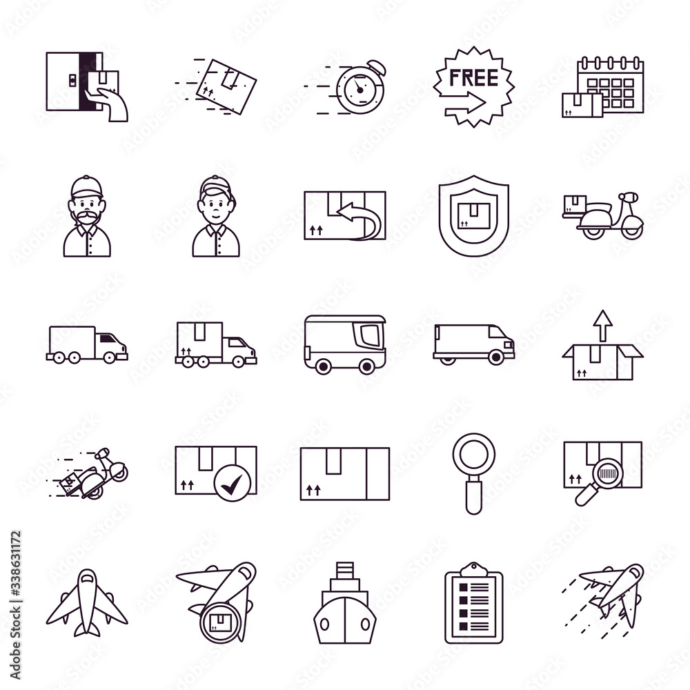 airplanes and fast delivery icon set, line style airplanes and fast delivery icon set, line style