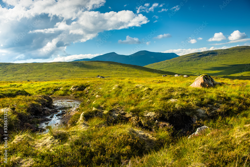 Naklejka premium Water flows in bogs between rolling green hills