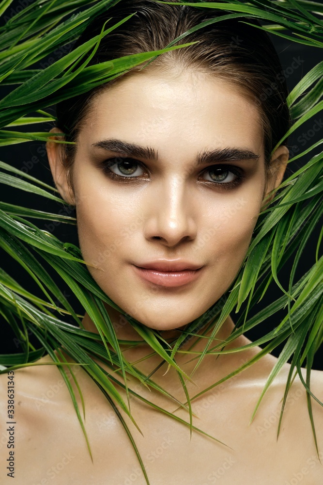 beautiful woman green leaves charm exotic