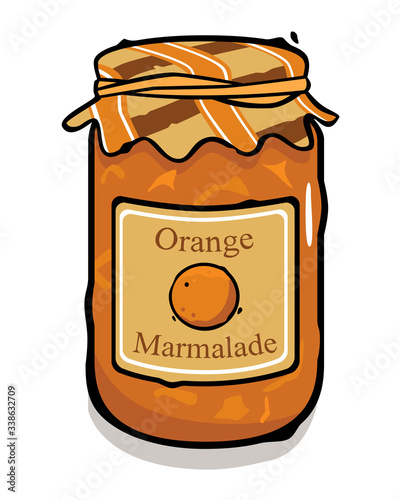 Colored rustic marmalade jar vector painting with a black outline. Can represent a gourmet breakfast, homemade fruit jam, a kitchen, a restaurant, sugar free organic food and vegetarian lifestyle.