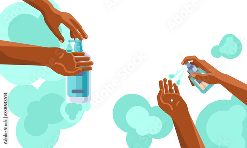Afro arms wash on white backdrop with copy space. Hands disinfection for social banner, medical poster, social network warning. Chemist shop logo or info card. Flat style stock vector illustration