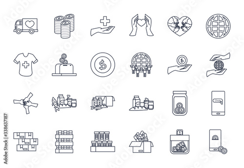 money and charity donations icon set, line style