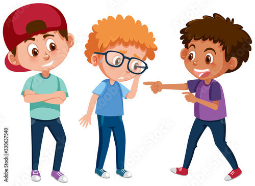 Domestic violence with kid bullying the others on white background