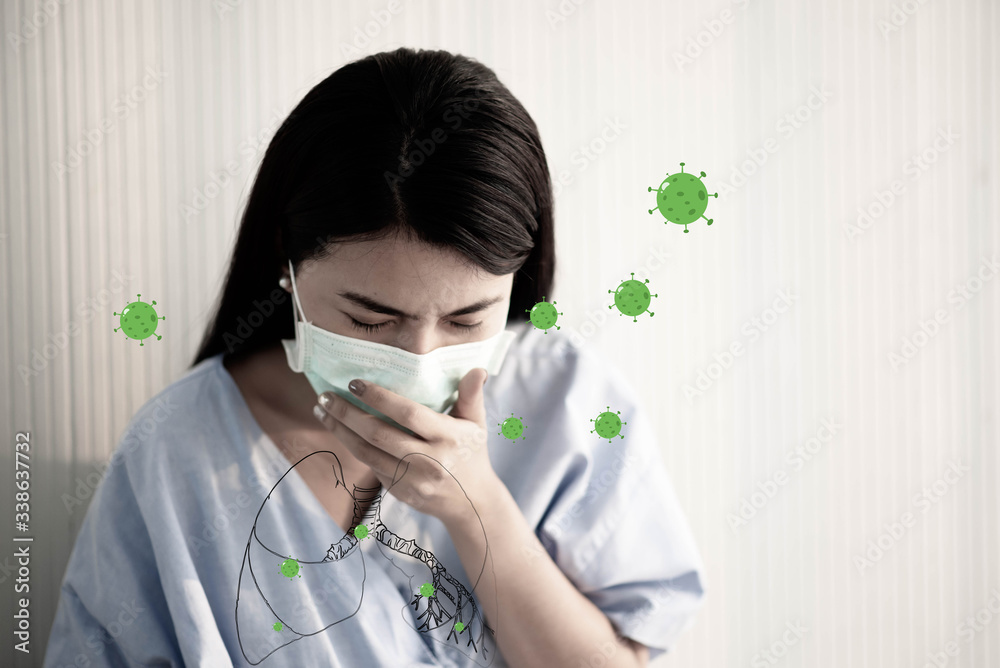 Asian patient woman wearing mask protect virus from sickness covid virus around in the lung Asian patient woman wearing mask protect virus from sickness covid virus around in the lung
