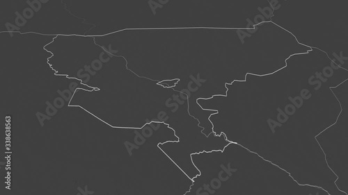 Tillabéry, department with its capital, zoomed and extruded on the bilevel map of Niger in the conformal Stereographic projection. Animation 3D photo