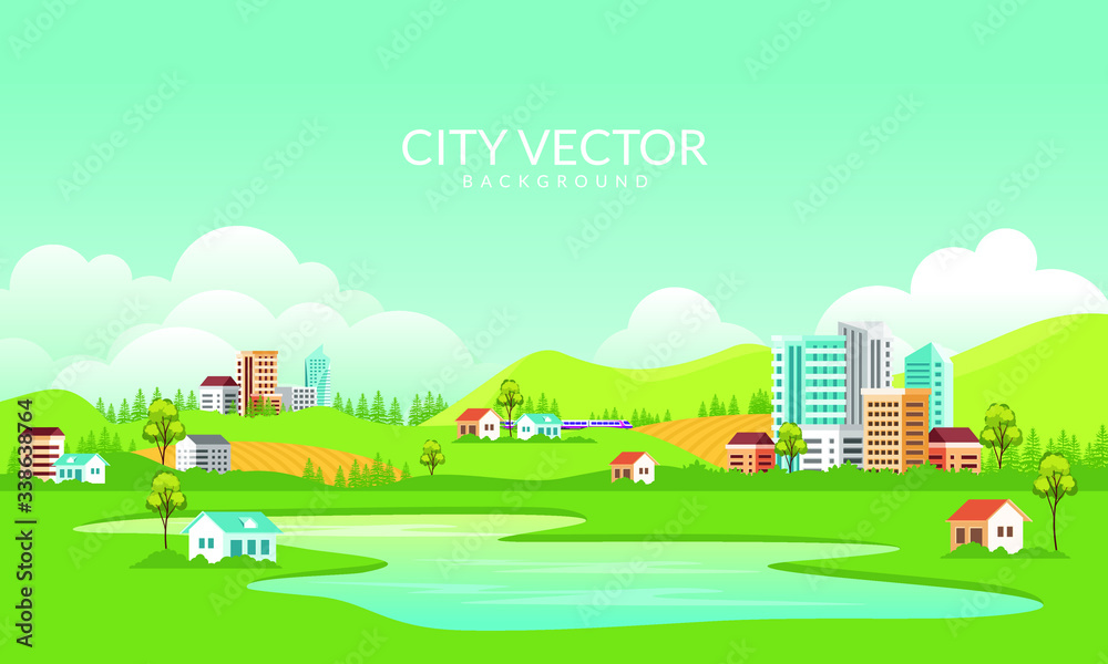 Vector illustration of simple and minimal geometric with flat style - Urban skyline residential houses, trees, grass, mountain, and lake. train crossing between the hills.
