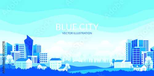Vector illustration of City landscape with modern buildings, skyscrapers and suburb with houses, Trees, mountains and hills. simple minimal geometric flat style with blue color theme. 