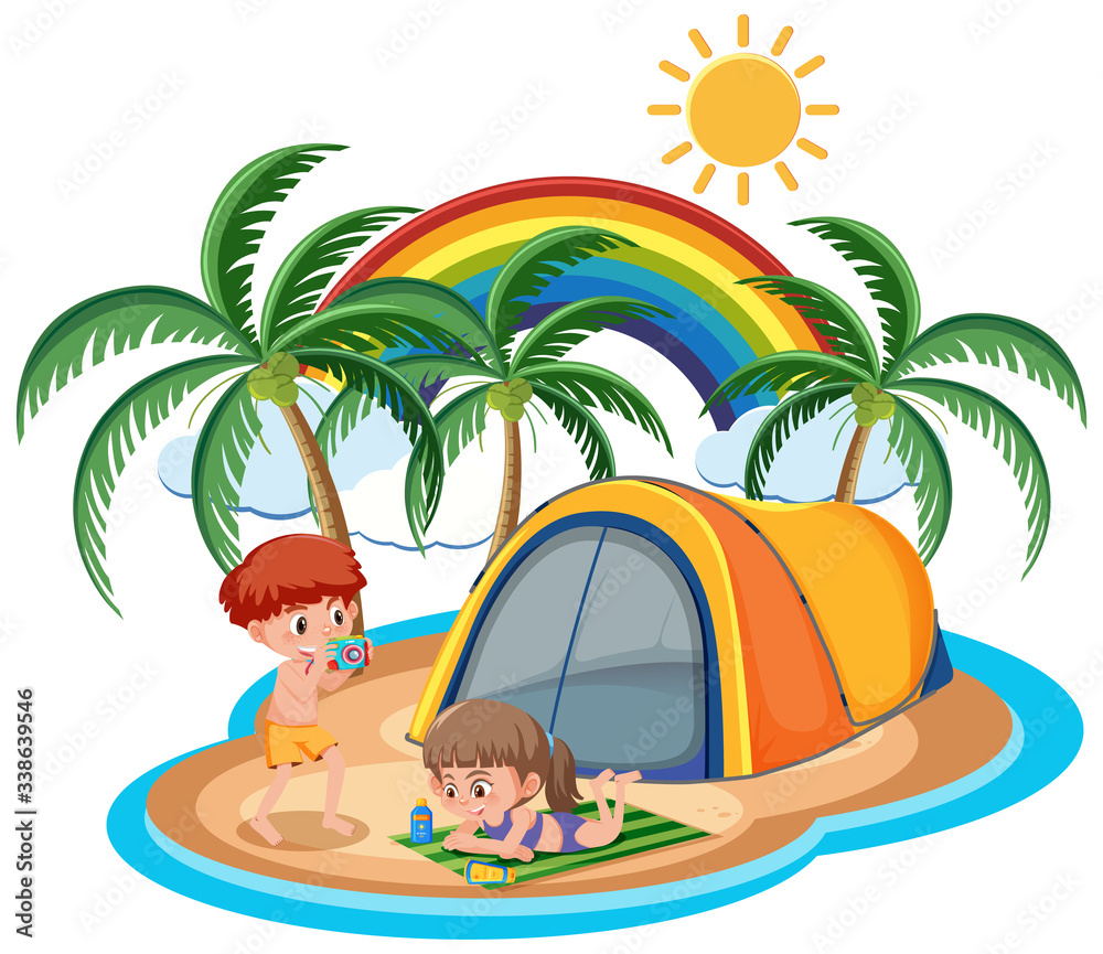 Scene with kids camping out on an island
