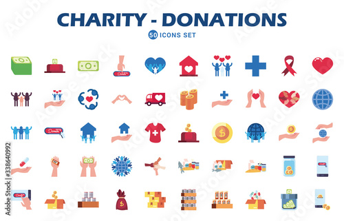 charity and donations icon set, flat style