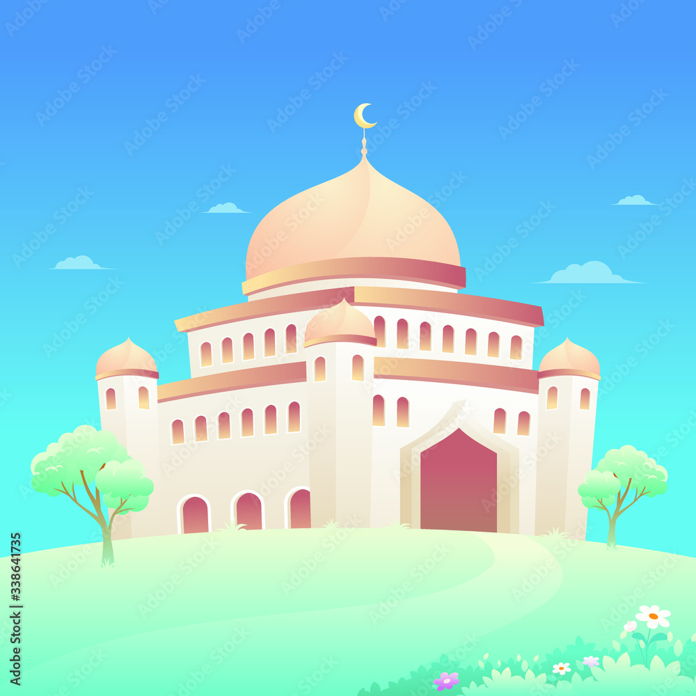 Fototapeta premium Mosque vector illustration with natural element, such us trees, grass. suitable for Ramadan Kareem flyer, poster, banner, greeting card, invitation card etc. 