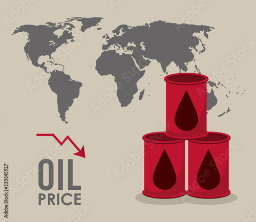 oil price infographic with barrels and earth planet