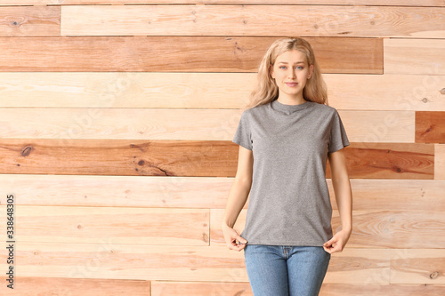 Woman in stylish t-shirt on...
