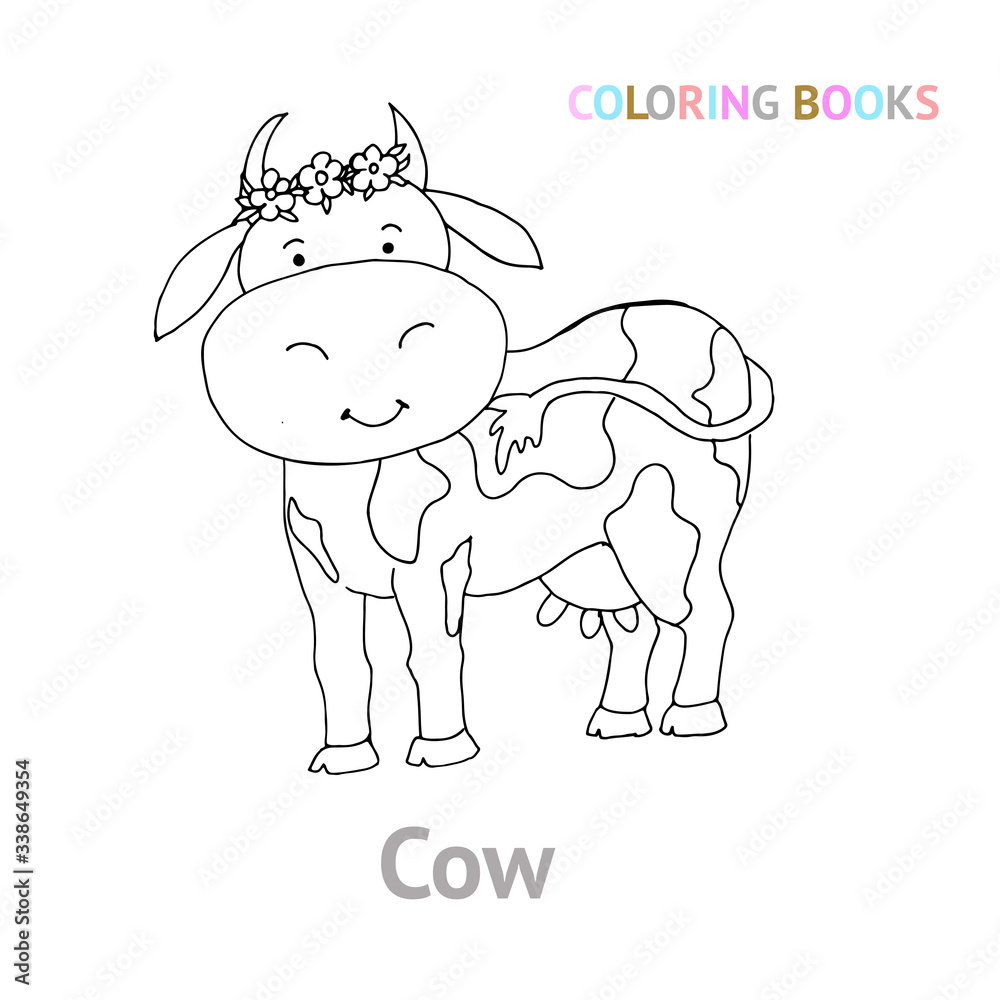 Cute pet - cow. Black and white vector illustration for coloring books