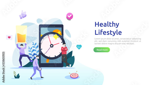 active healthy lifestyle habits concept. Dieting food nutrition illustration with character. sport exercising and training outdoor workout for web page, presentation, social promotion or print media