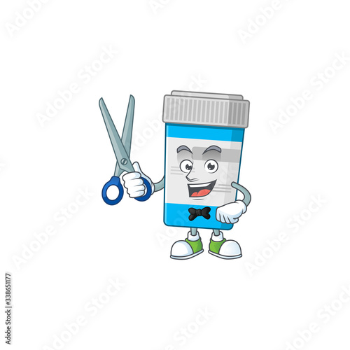 Cute Barber medical bottle cartoon character style with scissor