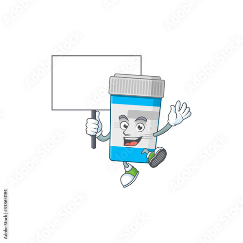 Sweet medical bottle cartoon character rise up a board