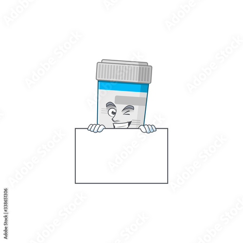 Sneaky medical bottle cartoon character style hiding behind a board