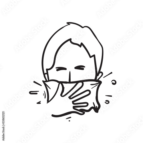 hand drawn person Covering mouth with a tissue when sneezing or coughing