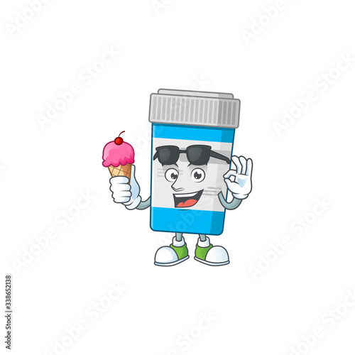 Cute medical bottle cartoon character enjoying an ice cream