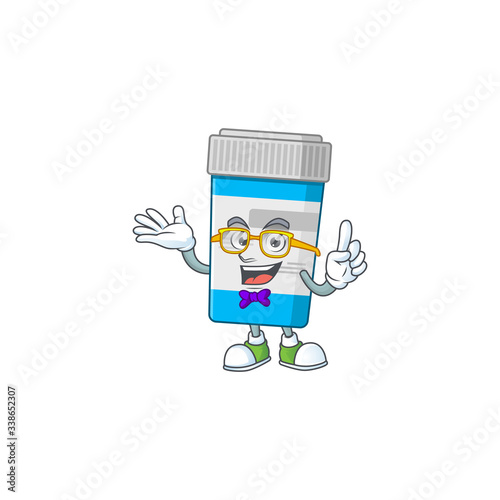 Cartoon character design of Geek medical bottle wearing weird glasses