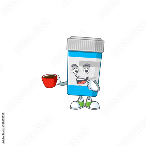 An image cartoon character of medical bottle with a cup of coffee