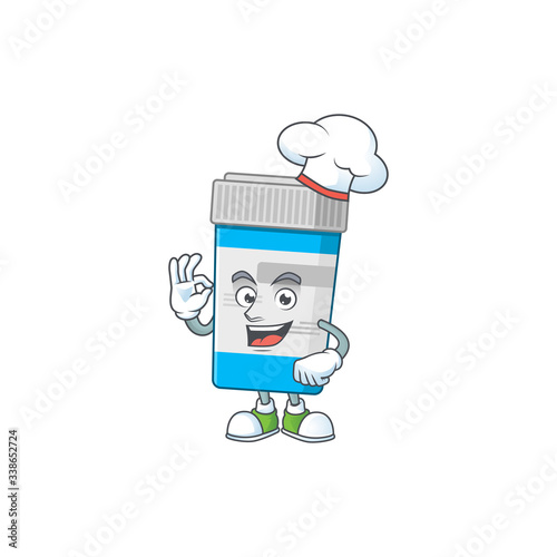 Medical bottle cartoon design style proudly wearing white chef hat