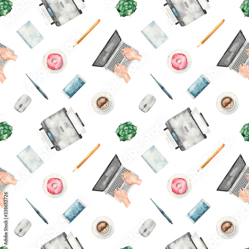 Watercolor seamless pattern with office equipment, hands on a laptop, coffee, donut, smartphone on a white background