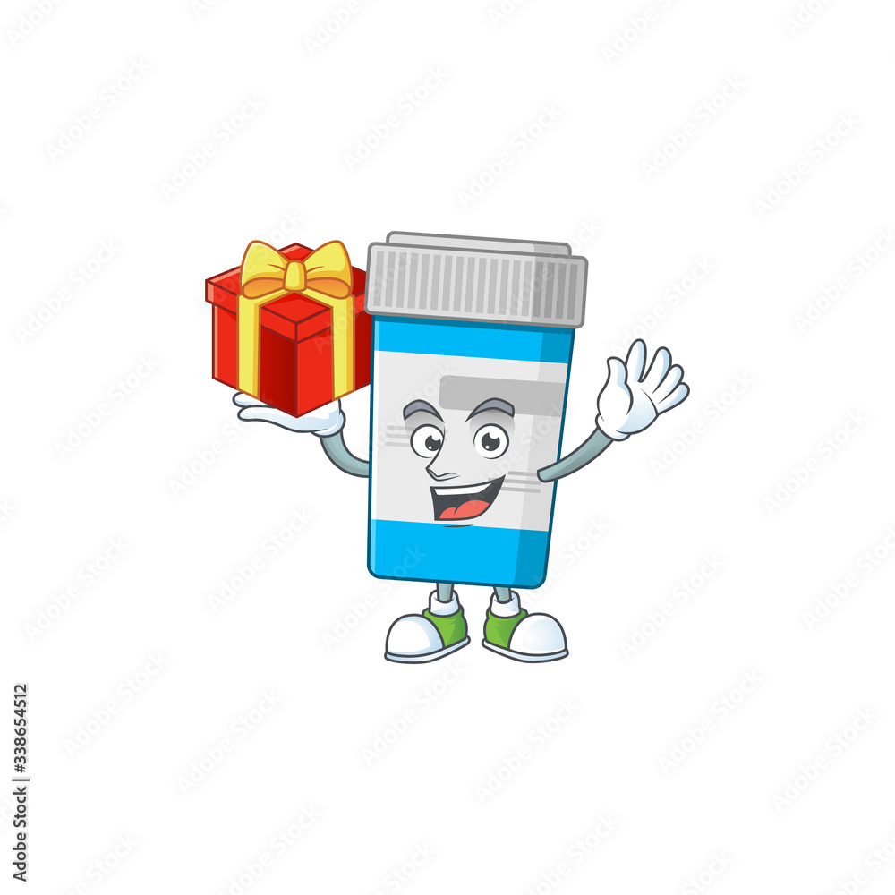 Charming medical bottle mascot design has a red box of gift Charming medical bottle mascot design has a red box of gift