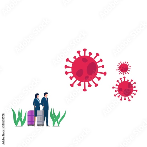 Man and woman stopped from travel because corona virus. Business flat vector concept illustration.