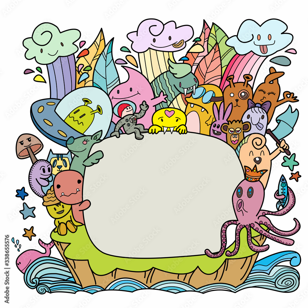 Set of funny cute monsters, aliens or fantasy animals and Your text here .for t-shirts. Hand drawn line art cartoon vector illustration Set of funny cute monsters, aliens or fantasy animals and Your text here .for t-shirts. Hand drawn line art cartoon vector illustration
