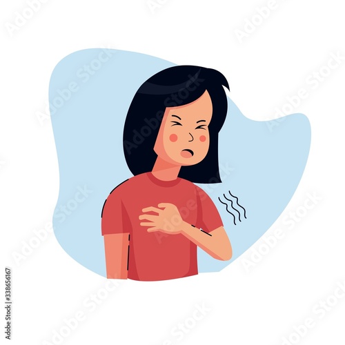 Flat style vector illustration, girl or women or people with fever. cough and chest pain. character shivering in the cold. sickness concept. for website landing page, poster, pamphlet or any design