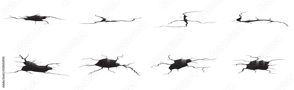 Ground cracks set. Earthquake and ground cracks, hole effect, craquelure and damaged wall texture. Vector illustrations can be used for topics earthquake, crash, destruction.
