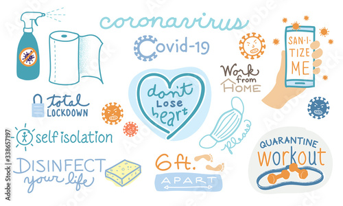 Covid-19 coronavirus illustrations collection sanitize washing hands face mask exercise
