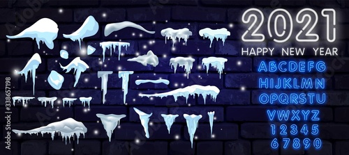 Big set of snow icicles and snow cap isolated with neon alphabet. Cartoon snowy elements over winter background. Design template. Vector illustration.