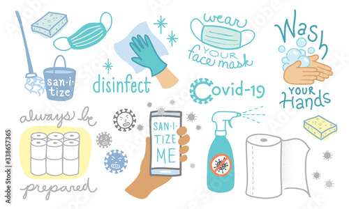 Covid-19 coronavirus illustrations collection sanitize washing hands face mask
