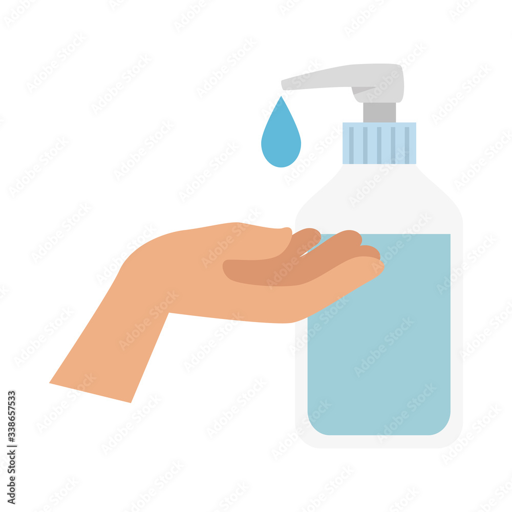 hand with bottle of sanitizer prevention of covid 19 vector illustration design hand with bottle of sanitizer prevention of covid 19 vector illustration design